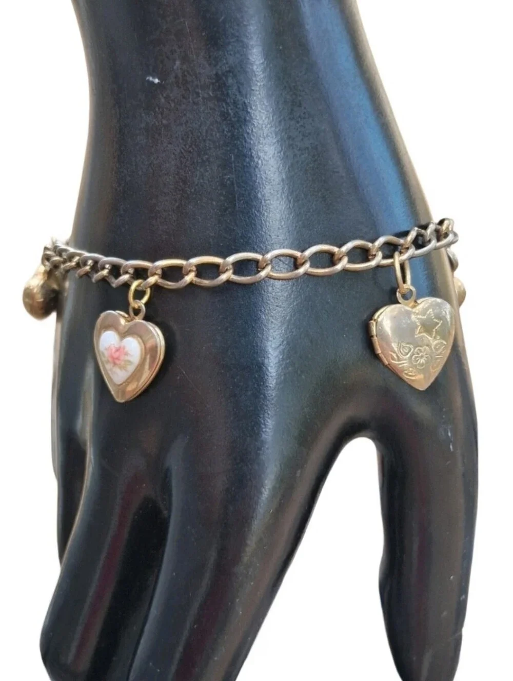 Vintage Heart Charm Bracelet Gold Tone Locket Rose Faux Pearl Rhinestone